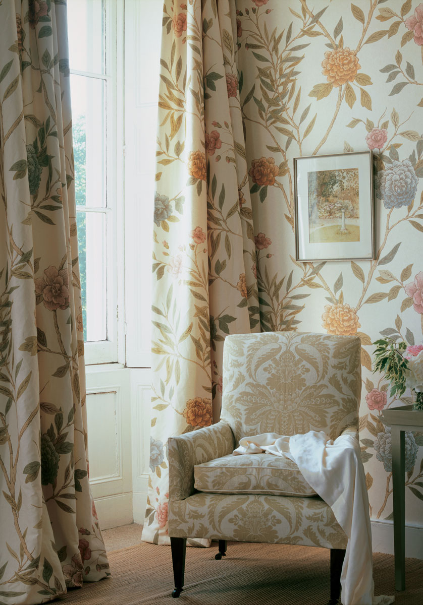 Feminine bedroom scheme using Lewis & Wood wallpaper and fabric