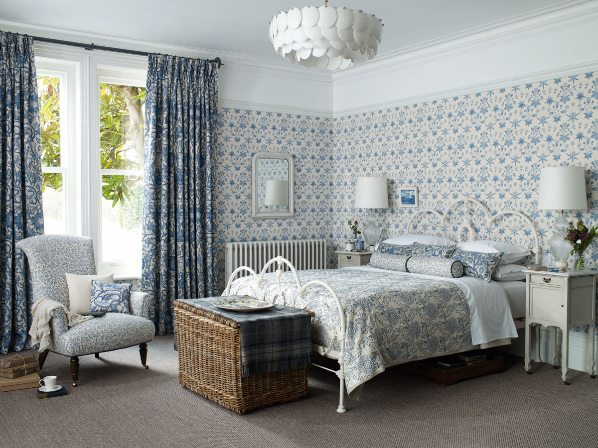 Feminine bedroom scheme using gorgeous Morris & Co fabrics and wallpapers